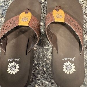 Yellow Box Brown and Tan Flip Flops